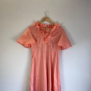VIntage 90s Maxi Dress Womens S Coral Pink Good Ruffle Neck Flutter Sleeve Satin